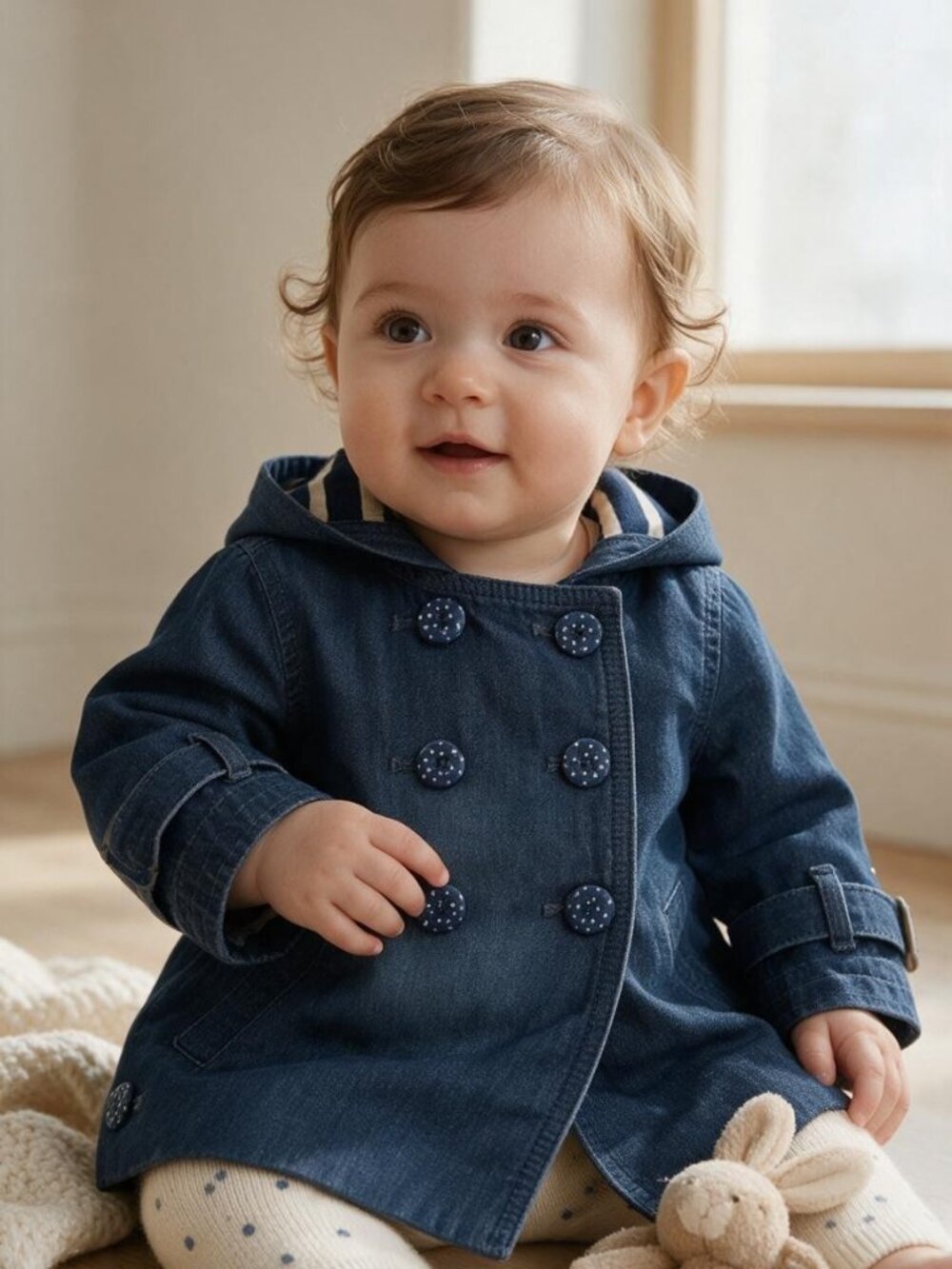 Tommy Hilfiger Baby Girls Hooded Denim Pea Coat Polka-Dot Buttons 6-9 Months